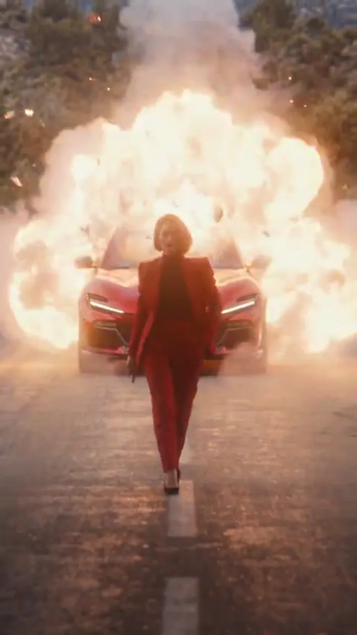 Red Suit Take walking away from explosion video example